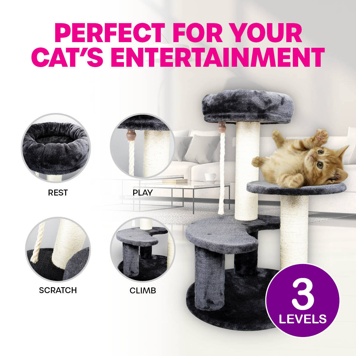 Pet Basic 3 Level Cat Scratching Tower & Cosy Bed Scratch Climb 65 x 40cm