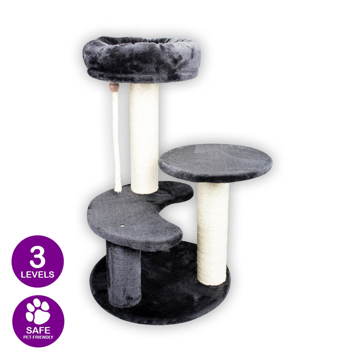 Pet Basic 3 Level Cat Scratching Tower & Cosy Bed Scratch Climb 65 x 40cm